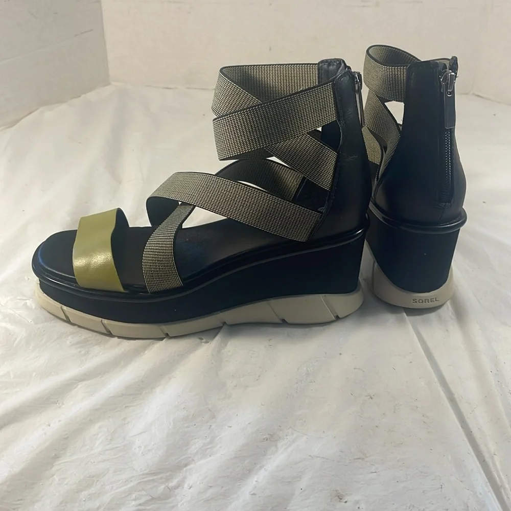 Sorel Women’s Joanie lll Sport Ankle Strap Black and Olive Platform Wedge Sandal